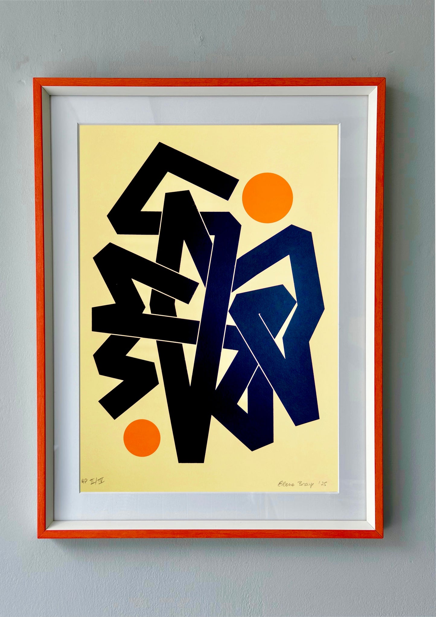 Invisible Currents Yellow framed — white frame with tangerine accent (fillet), 38.9 × 51.2 cm, A3 silkscreen.