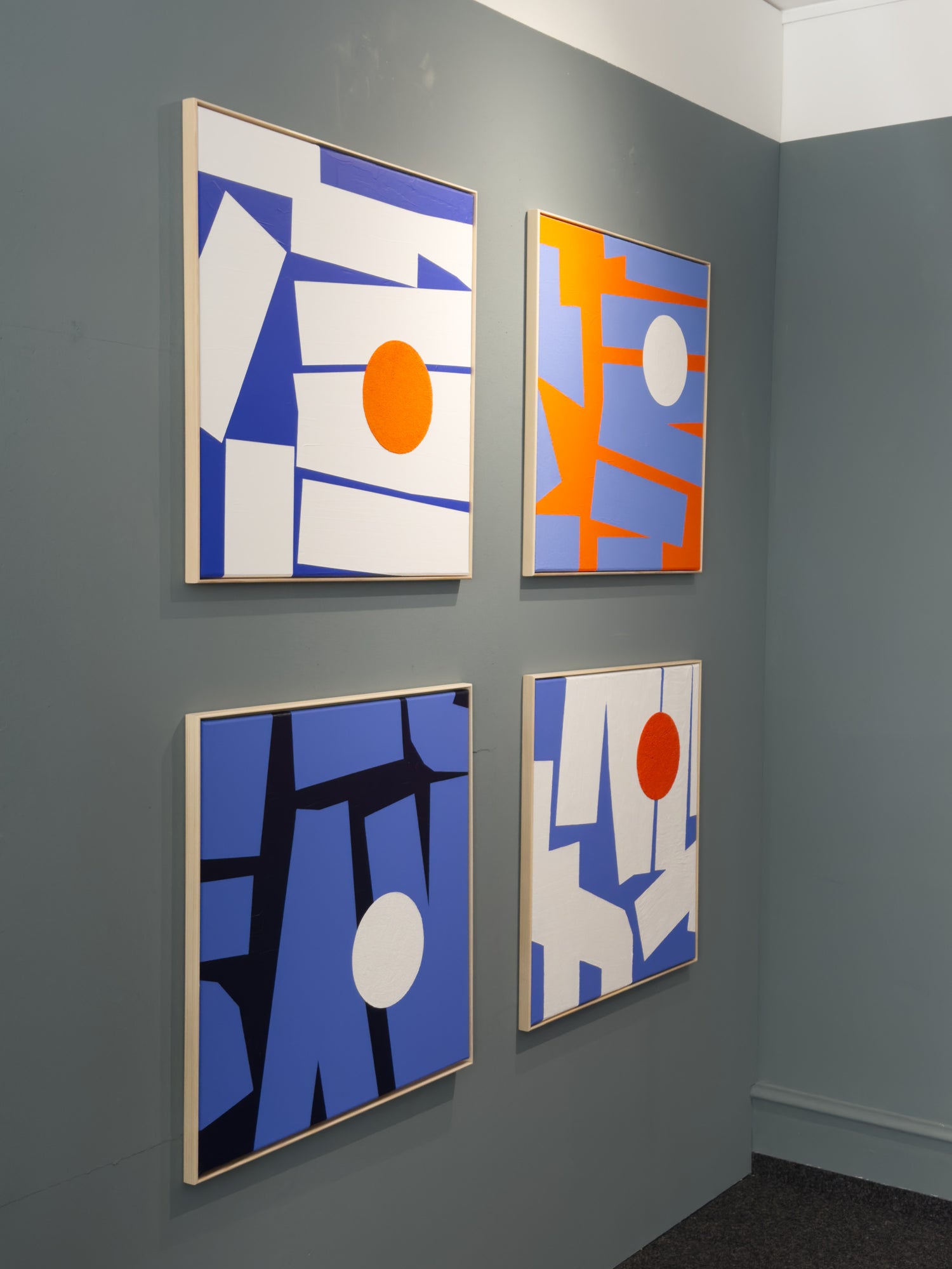 Synergy, four-panel abstract artwork by Eilena Braye exhibited at Andermatt Art Gallery, inspired by microscopic structures and cellular harmony.