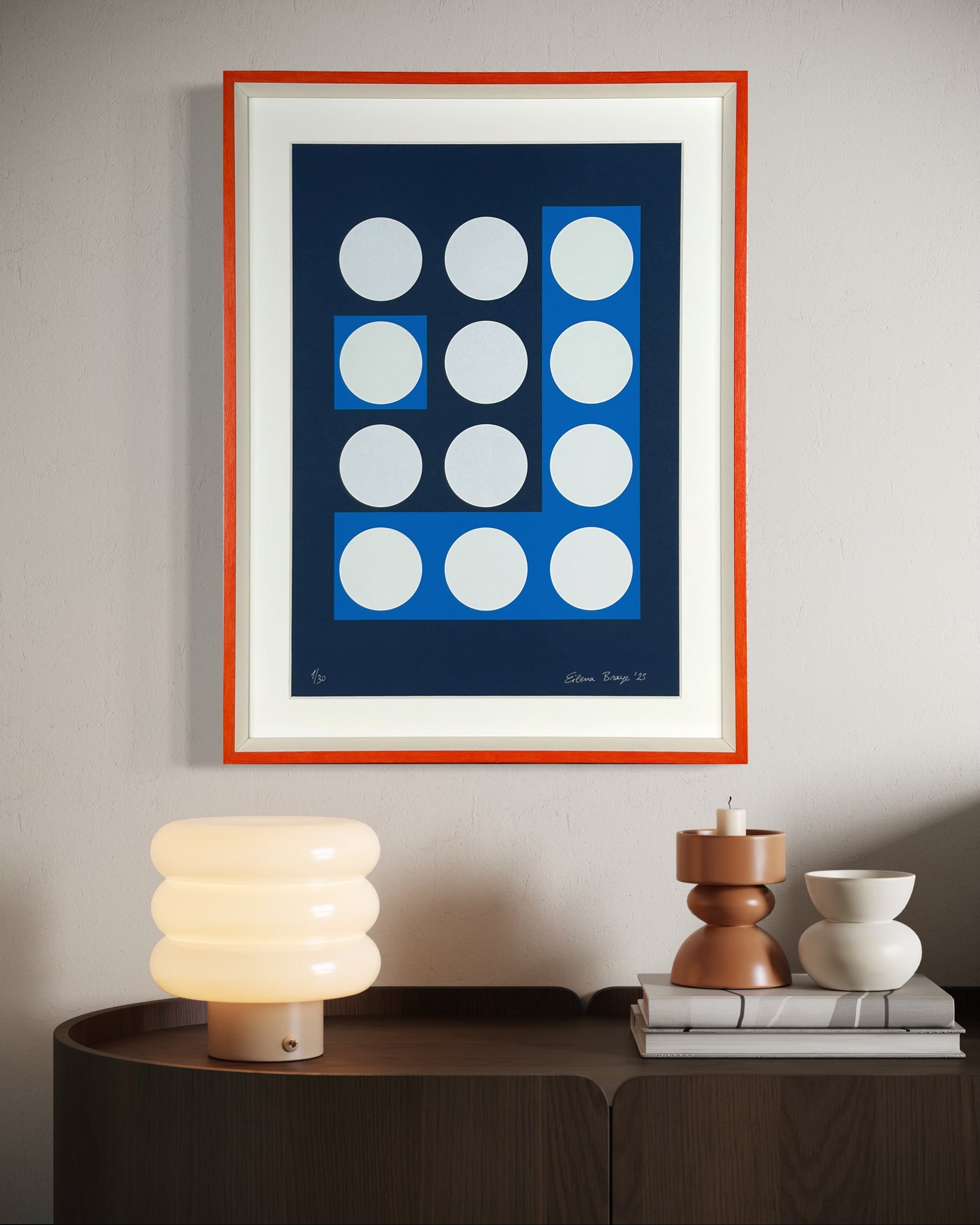 Framed Data Blue artwork hanging in a minimalist modern room