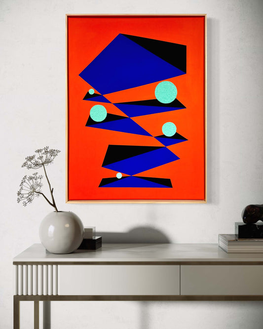 Contemporary abstract artwork "Equilibrium" by Eilena Braye, acrylic and mixed media on cotton canvas, framed in light wood, modern art wall decor.