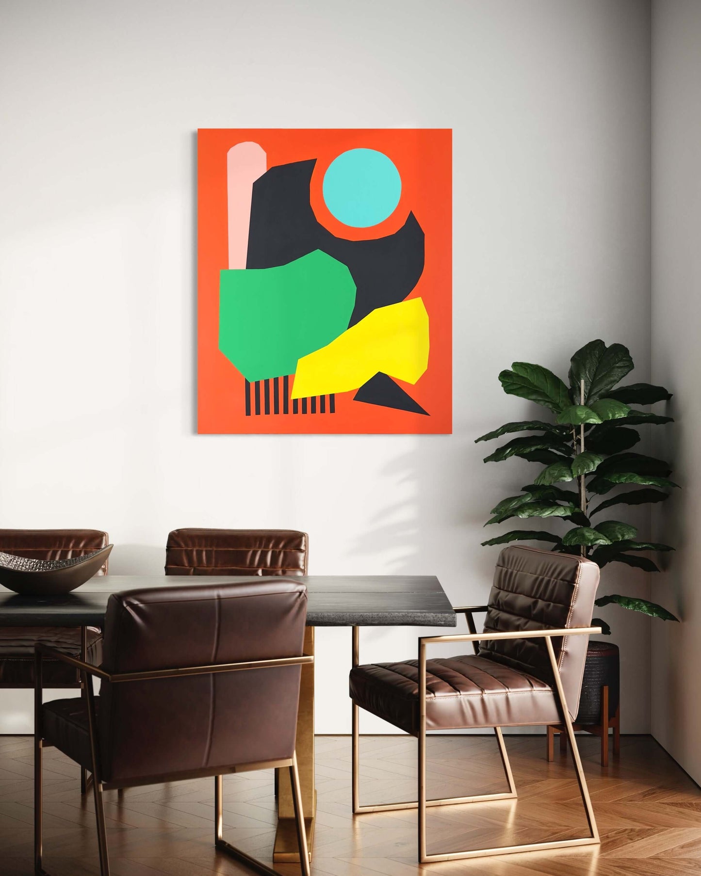 Contemporary abstract painting by Eilena Braye on wall in modern dining room, fine art for home decor, buy contemporary art online.