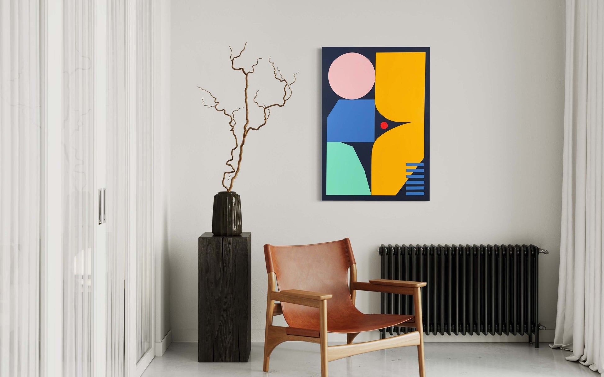 Geometric abstract painting titled "Order" by Eilena Braye. The artwork showcases a modern aesthetic with sharp, contrasting lines and bold shapes.