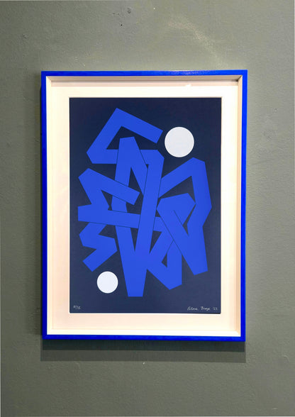 Invisible Currents Blue framed — white frame with blue accent (fillet), 38.9 × 51.2 cm, A3 silkscreen.