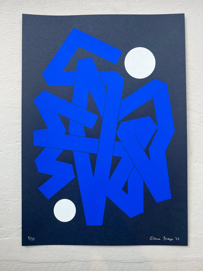 Invisible Currents Blue — Limited Edition Screen Print by Swiss artist Eilena Braye, inspired by microscopic flows and hidden connections