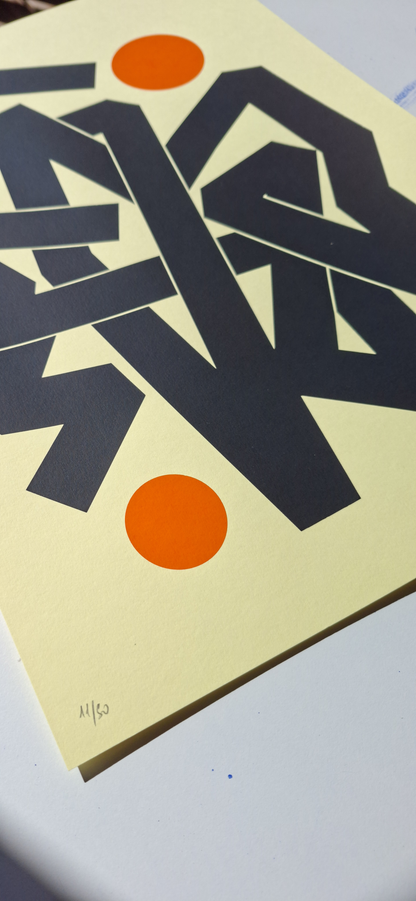 Detail of Invisible Currents Yellow — radiant yellow silkscreen texture, layered inks.