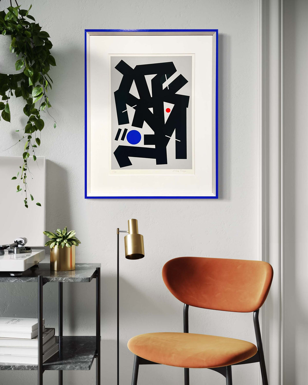 Interior view with Pathway framed print, contemporary abstract art blending cellular inspiration and poetic resonance, limited to 40 copies.