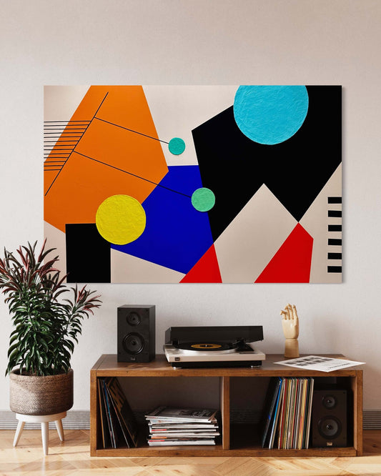 Contemporary abstract painting "Pendulum" by Eilena Braye in modern living room, fine art on cotton canvas for home decor.